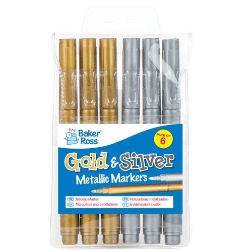 Bild von Baker Ross Gold & Silver Metallic Fibre Pens – Pack of 6. Broad Tip Markers. For Paper, Card, Glass and Plastic.