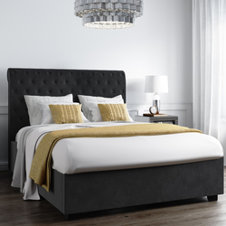Bild von Safina Dark Grey Velvet King Size Ottoman Bed with Roll-Top Headboard