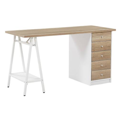 Bild von Beliani Home Office Computer Desk Light Wood Top 140 x 60 cm with Drawers White Frame
